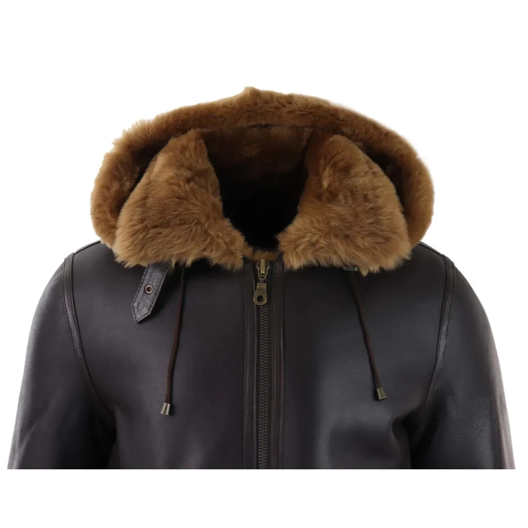 Men's Leather Sherling Sheepskin Hood Jacket Aviator Flying Pilot