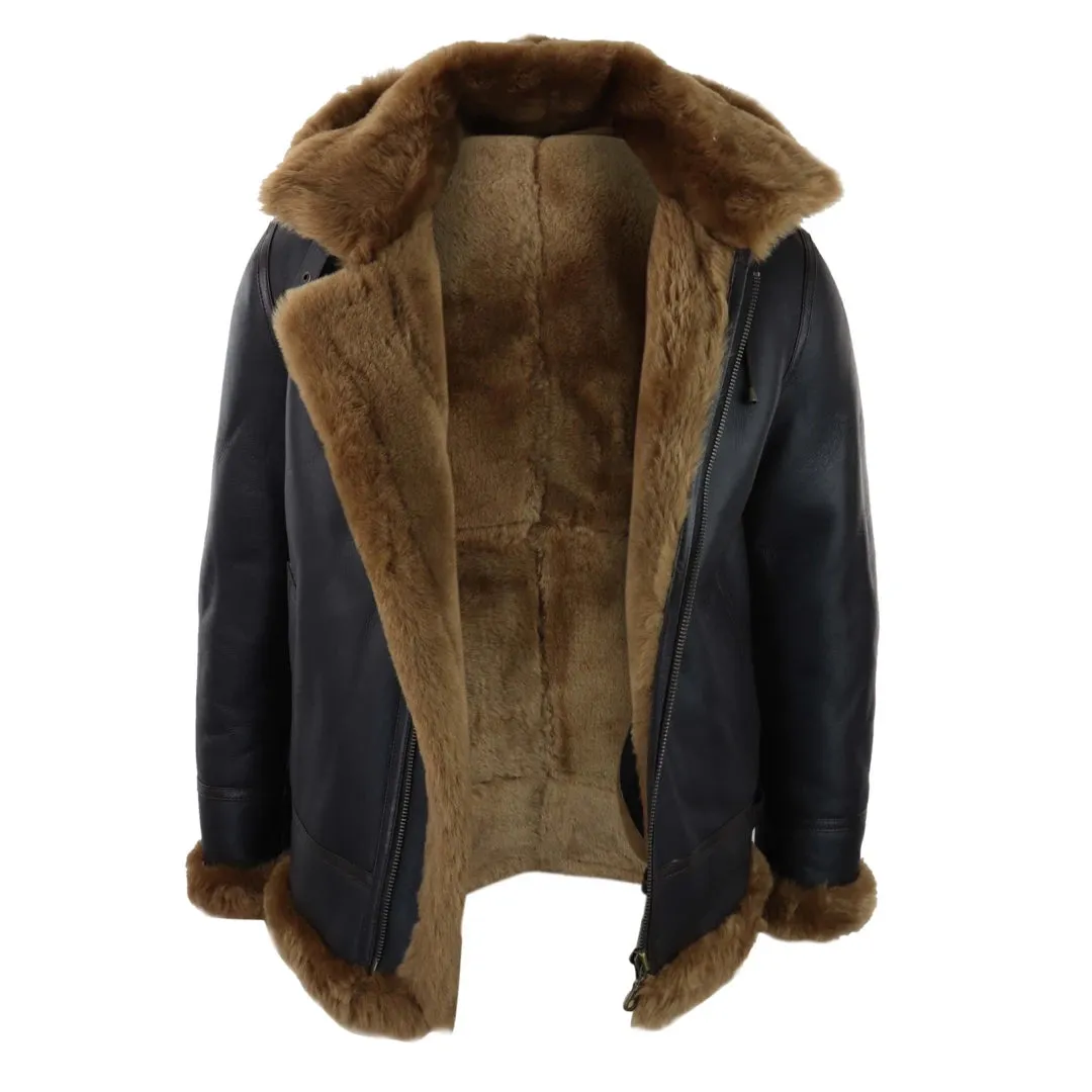 Men's Leather Sherling Sheepskin Hood Jacket Aviator Flying Pilot