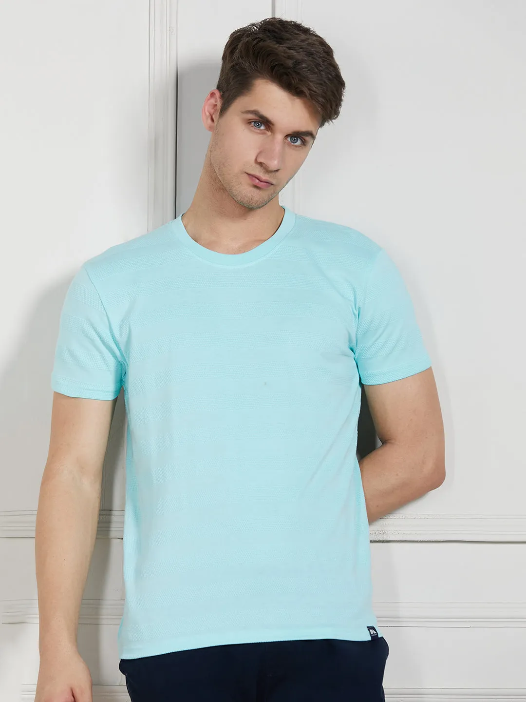 Men's Light Blue Cotton Regular Fit Textured Round neck T-Shirt