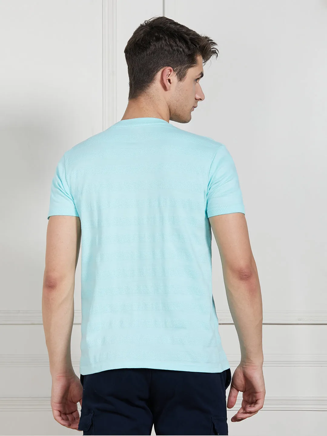 Men's Light Blue Cotton Regular Fit Textured Round neck T-Shirt