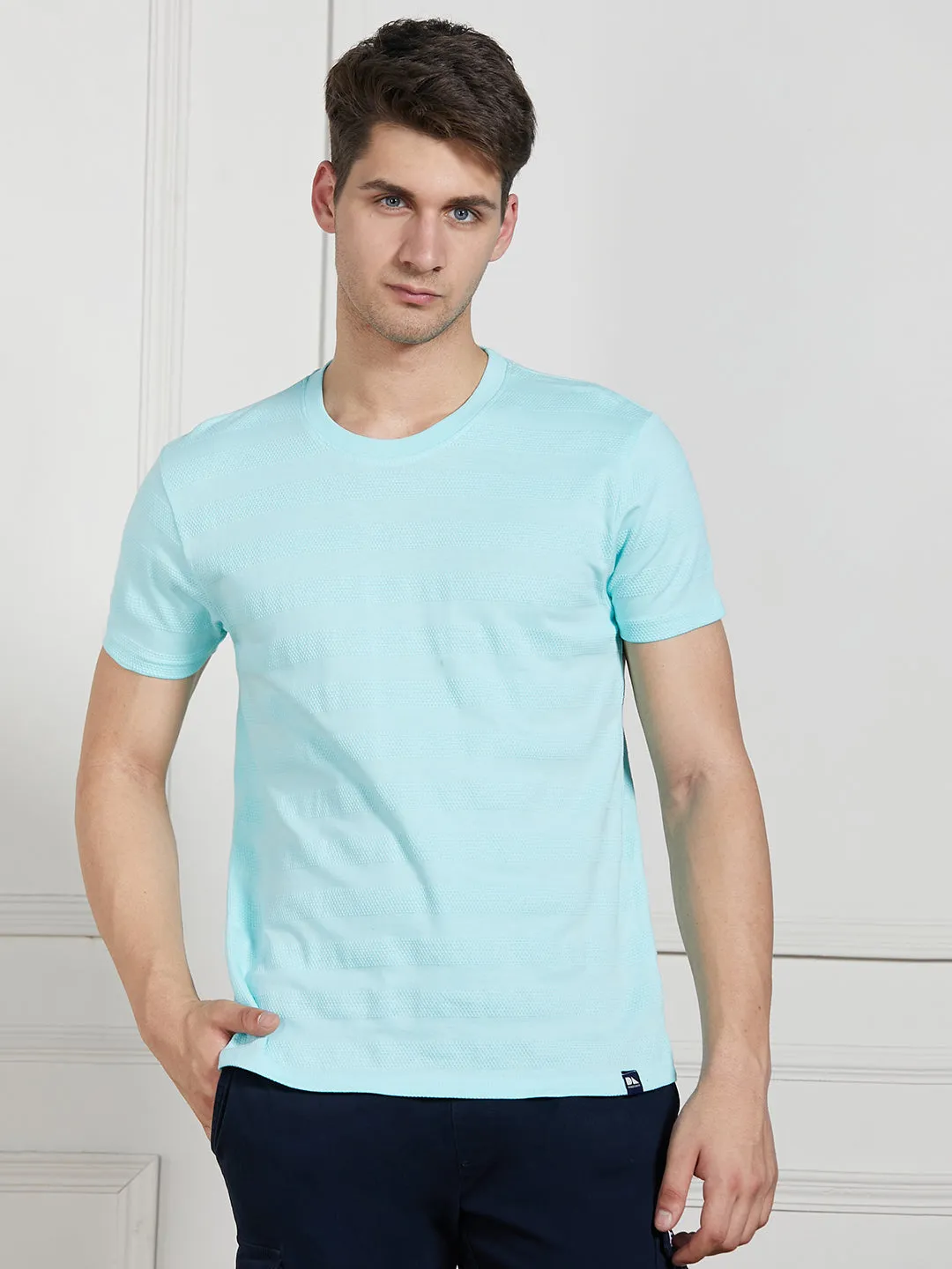 Men's Light Blue Cotton Regular Fit Textured Round neck T-Shirt