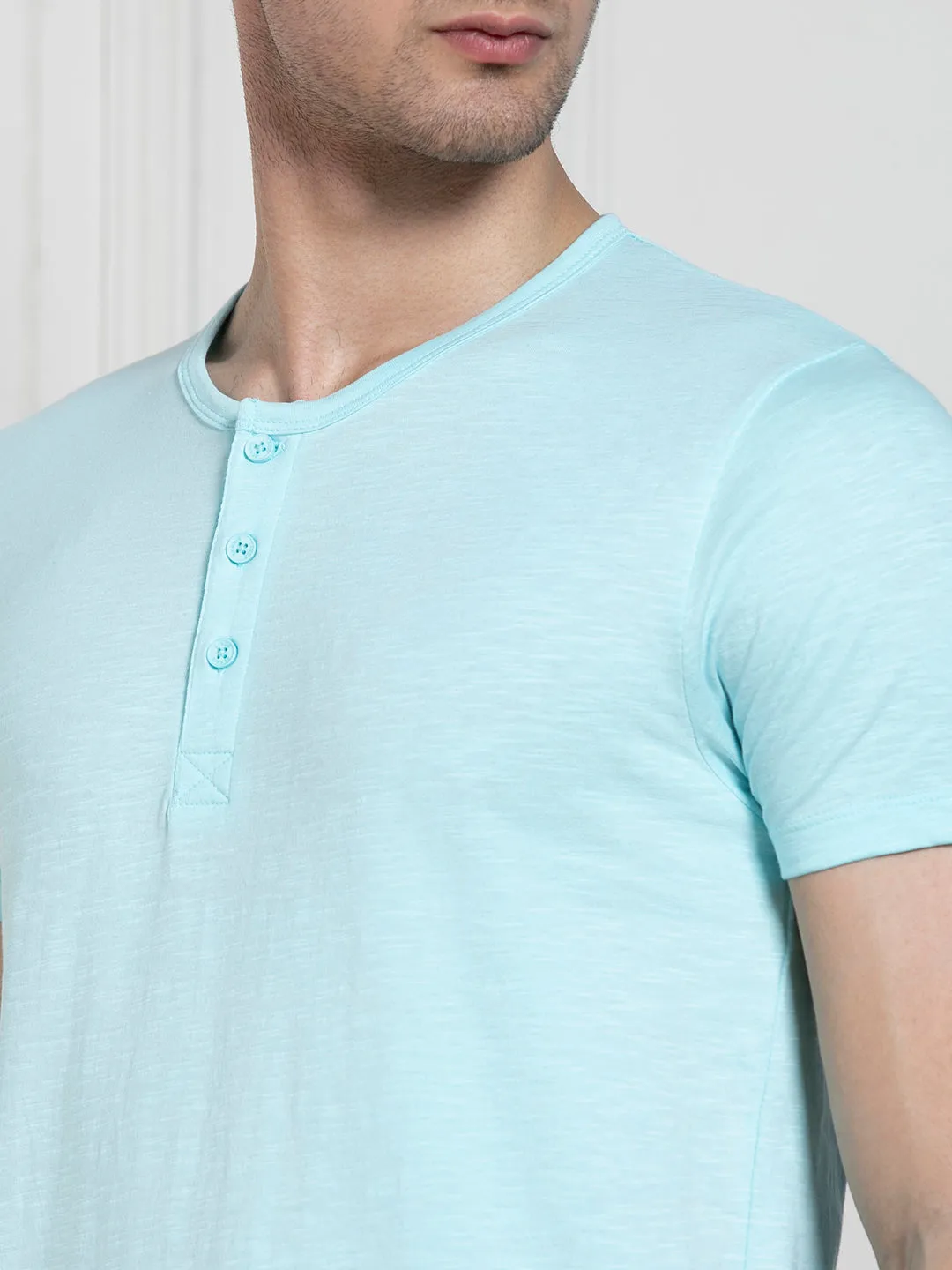 Men's Light Blue Henley Neck Solid Regular Fit T-Shirt