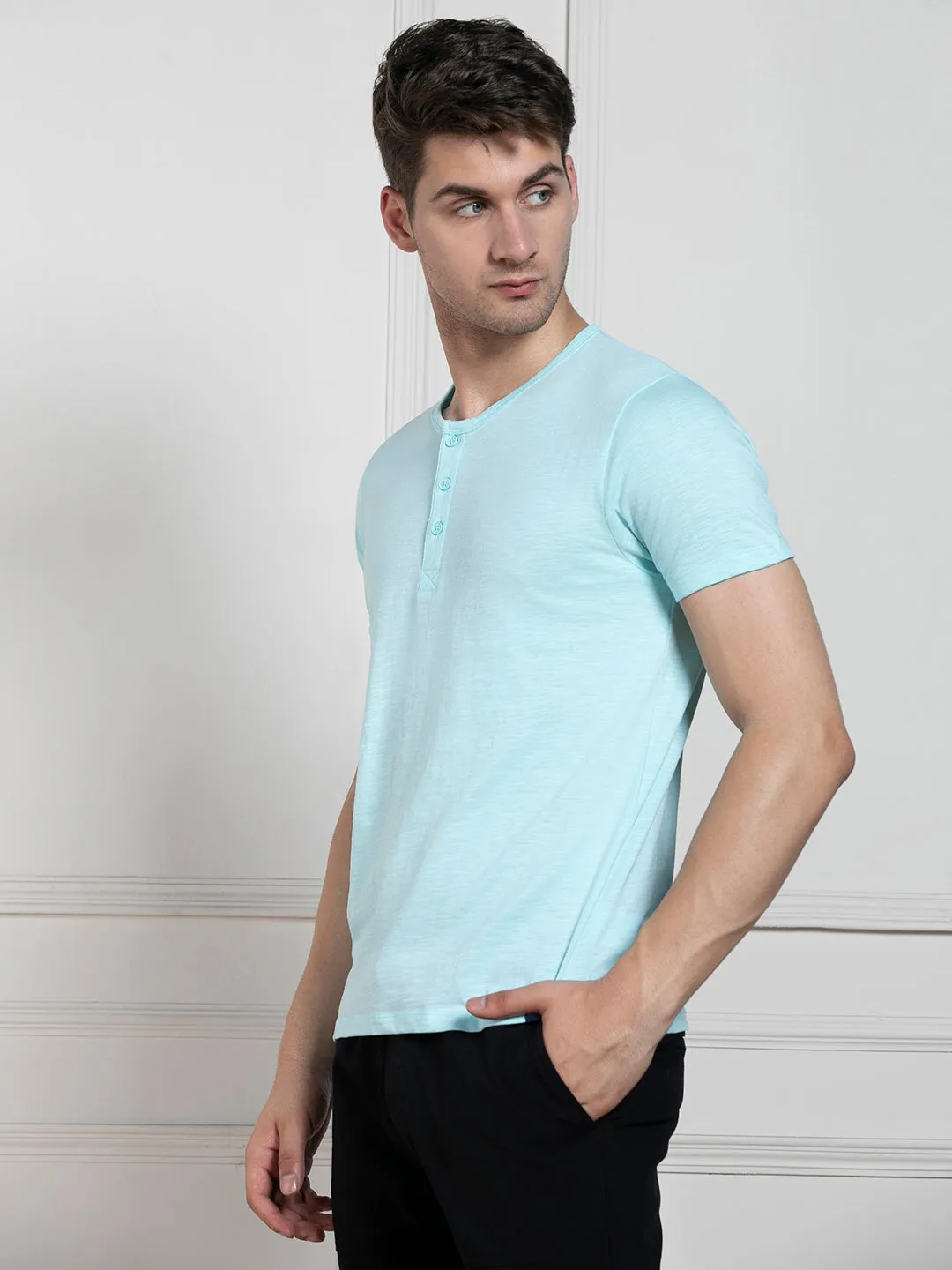 Men's Light Blue Henley Neck Solid Regular Fit T-Shirt