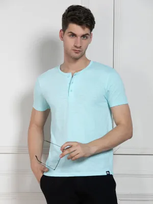 Men's Light Blue Henley Neck Solid Regular Fit T-Shirt