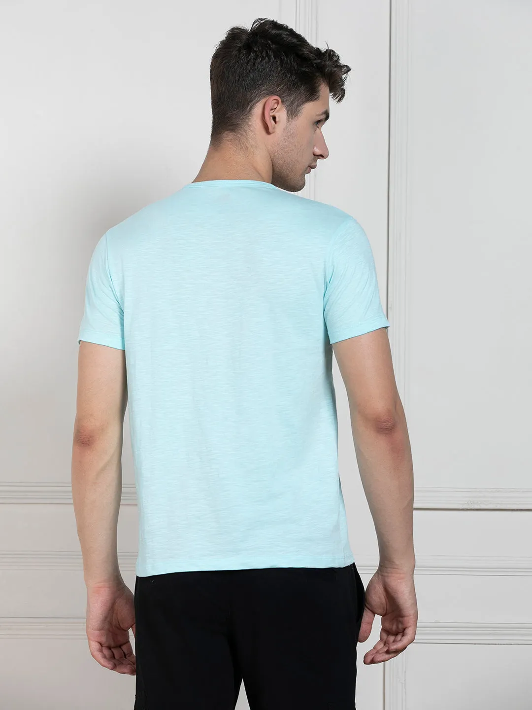 Men's Light Blue Henley Neck Solid Regular Fit T-Shirt