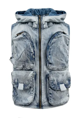 Men's Multi Pocket Backpack Denim Hooded Cargo Vest