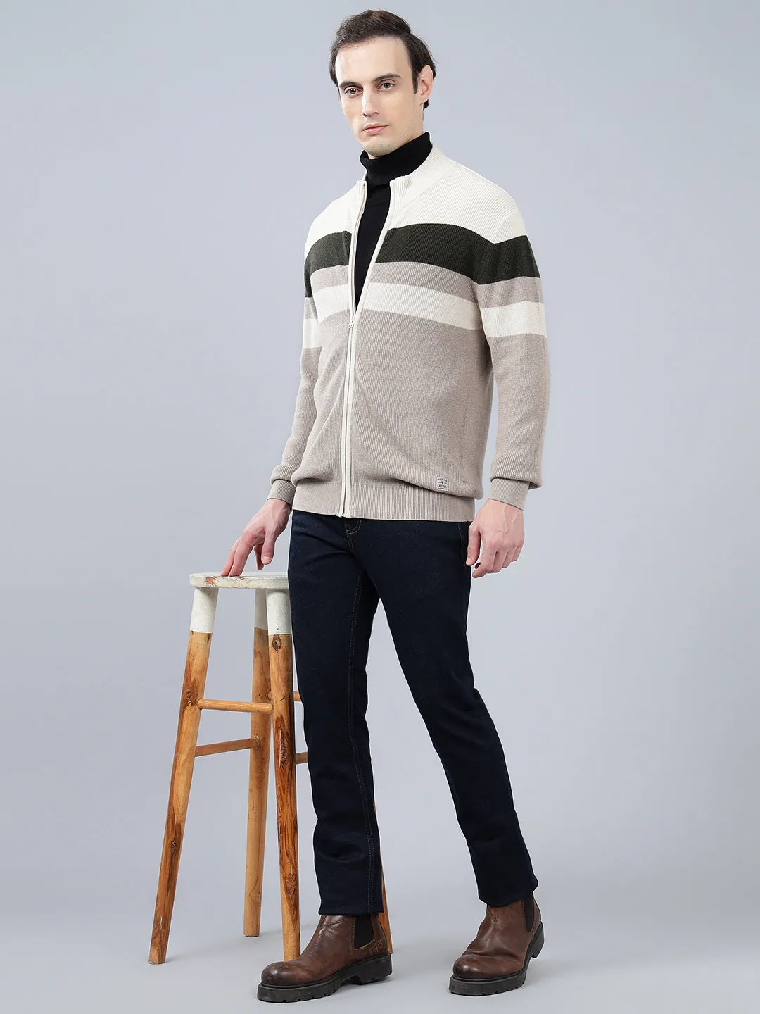 Men's Striped Beige Full Sleeve Sweater