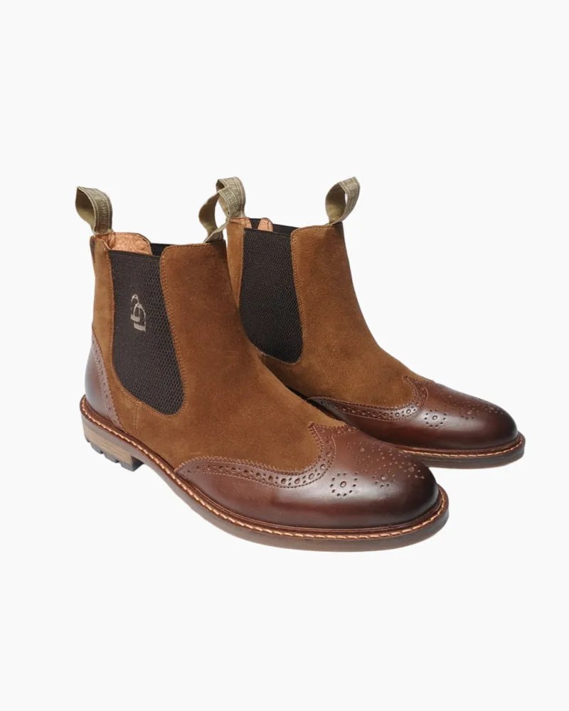 Men's Two Tone Brogue Boot | Brown Leather and Suede Combo