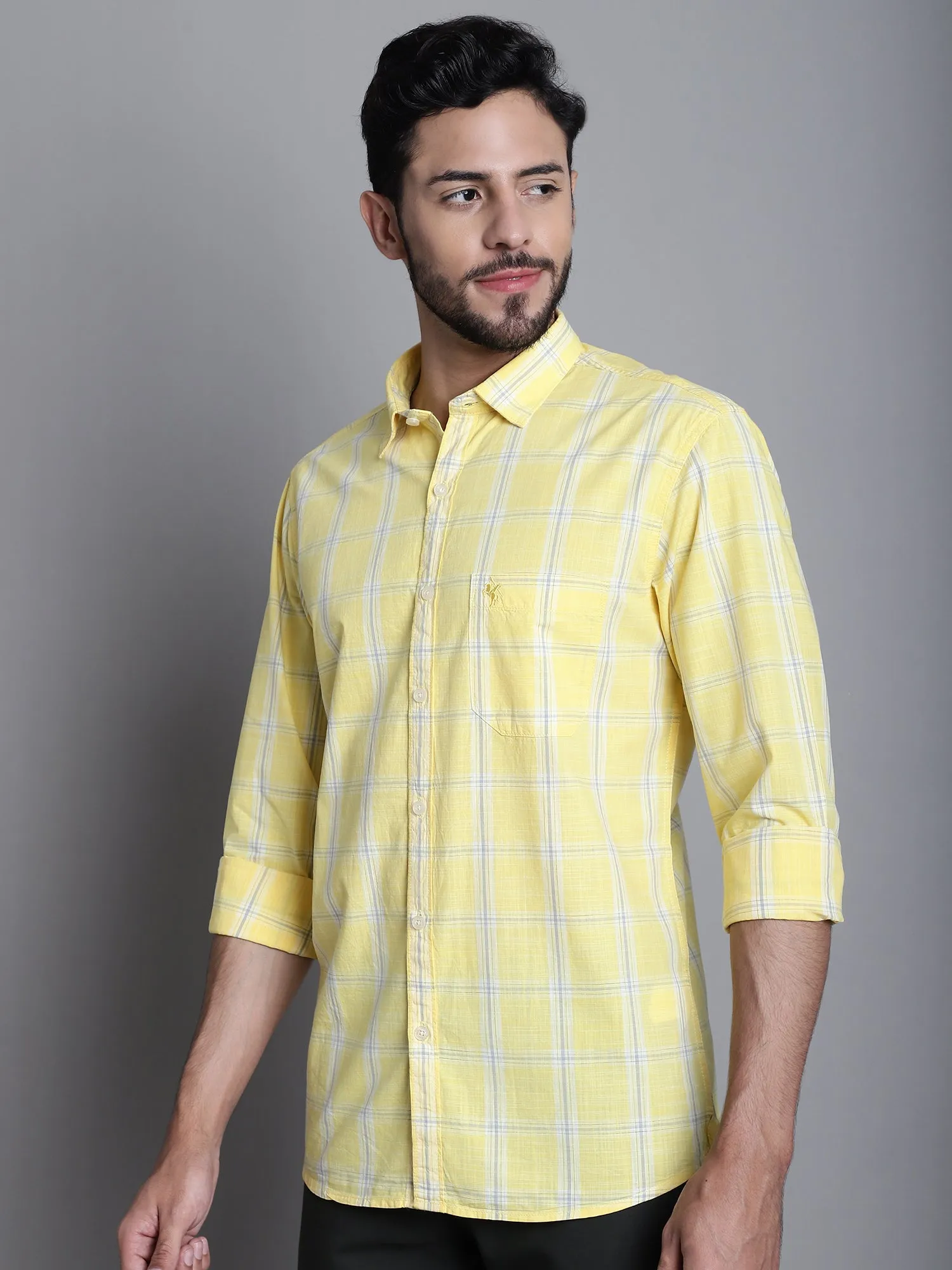 Men's Yellow Casual Medium Checks Full Sleeve Shirt