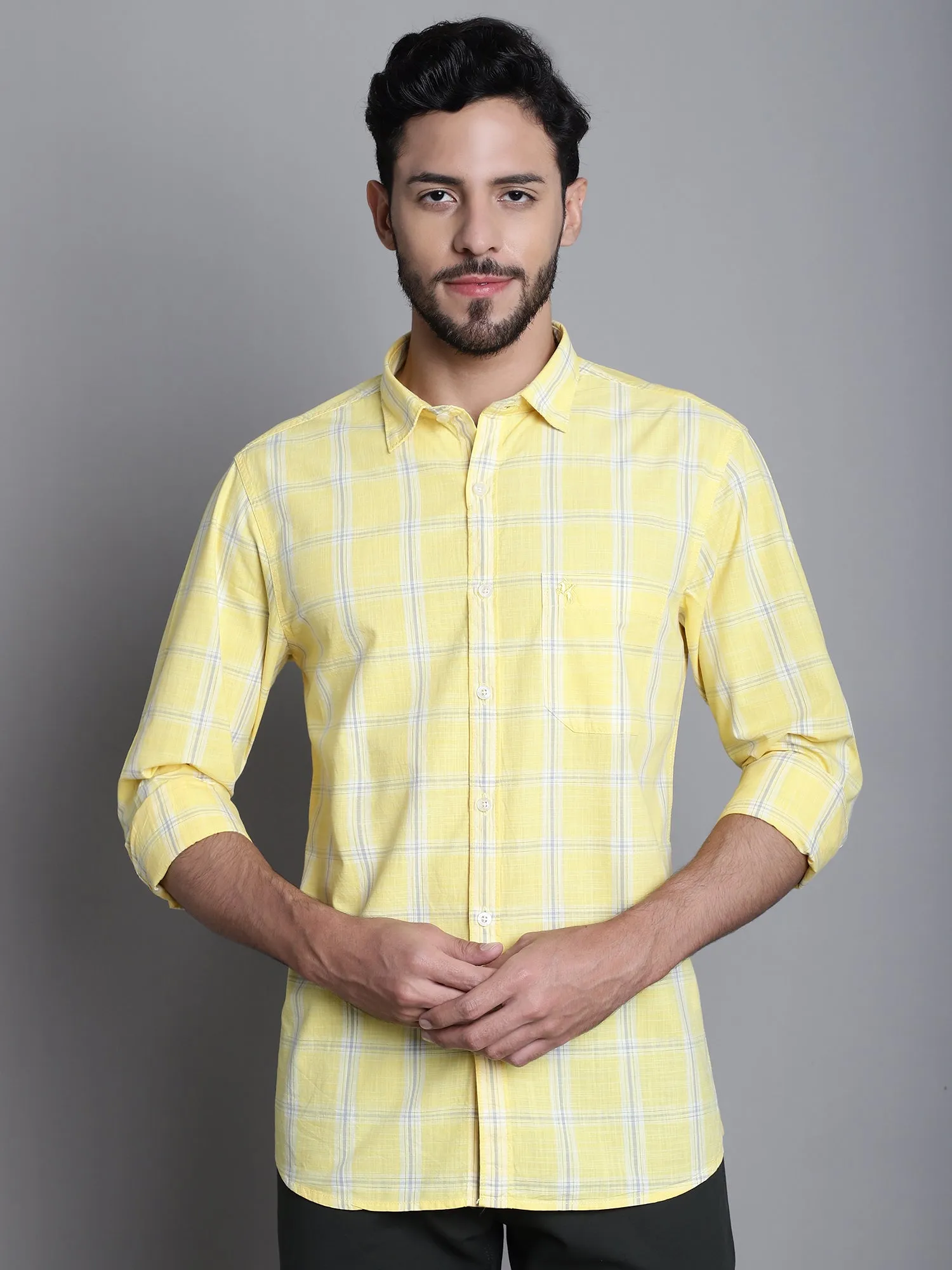 Men's Yellow Casual Medium Checks Full Sleeve Shirt