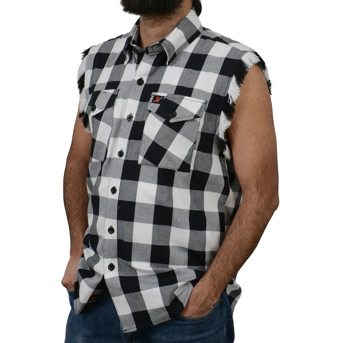 Milwaukee Leather MNG11690 Men’s Classic Black and White Button-Down Flannel Cut Off Frayed Sleeveless Casual Shirt