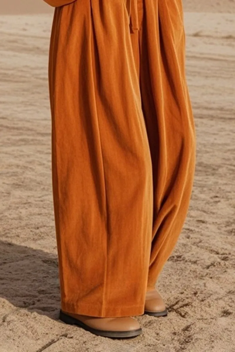 Orange Brown Drawstring Wide Leg Corduroy Pants