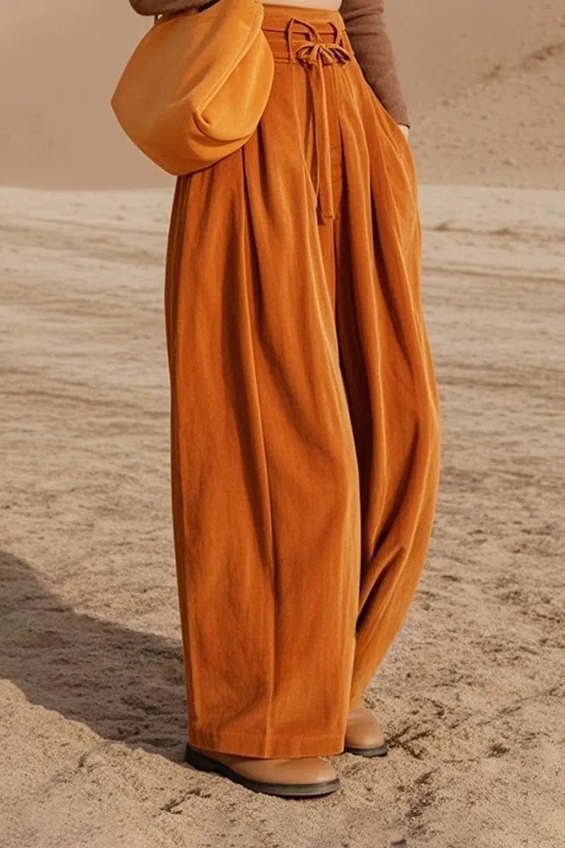 Orange Brown Drawstring Wide Leg Corduroy Pants