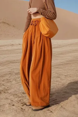 Orange Brown Drawstring Wide Leg Corduroy Pants