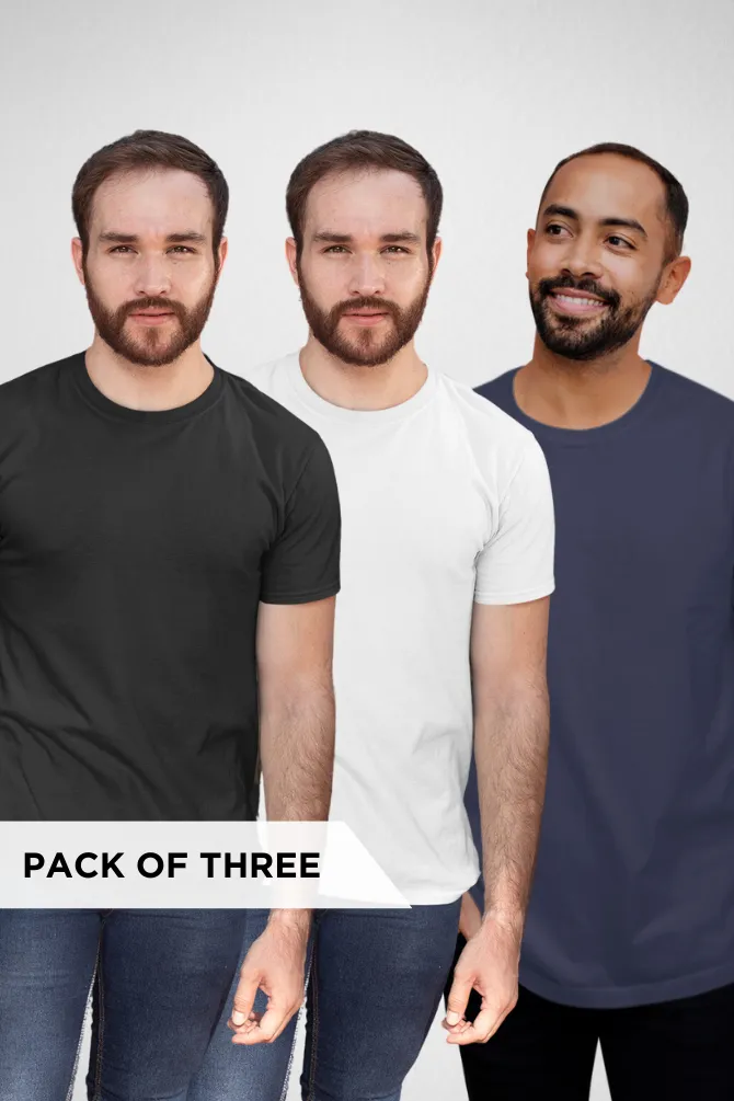 Pack Of 3 Plain T-shirts White Black and Navy Blue for Men