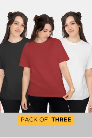 Pack Of 3 Plain T-shirts White Black and Red for Women