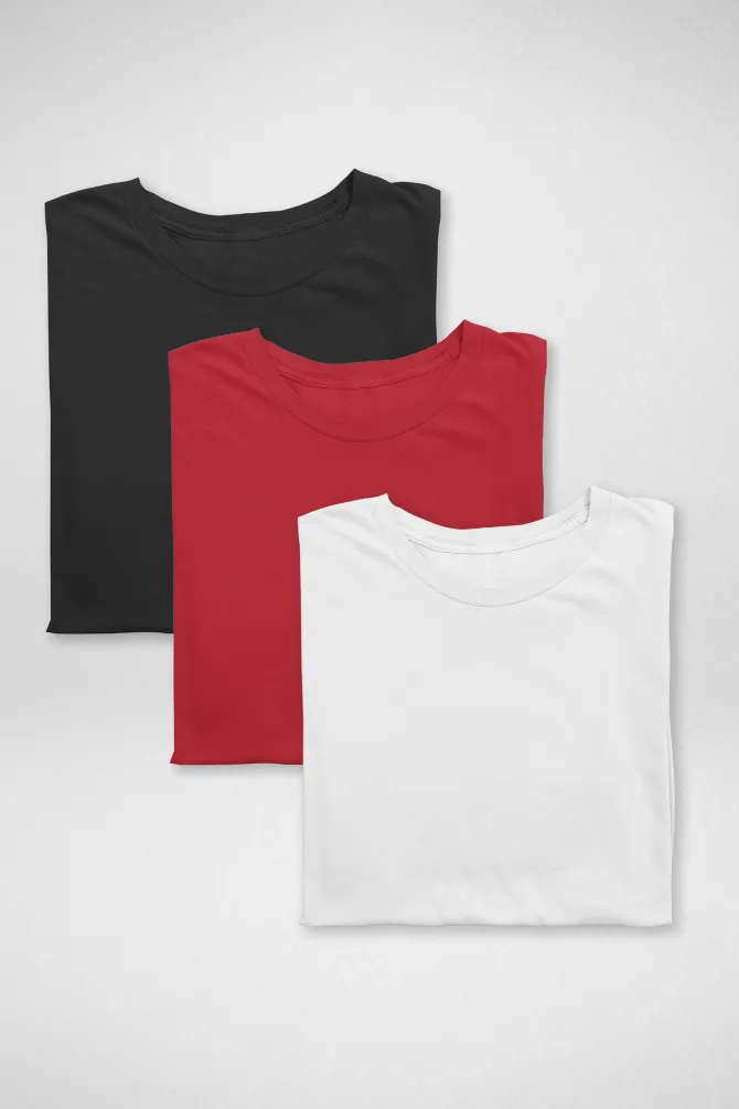 Pack Of 3 Plain T-shirts White Black and Red for Women