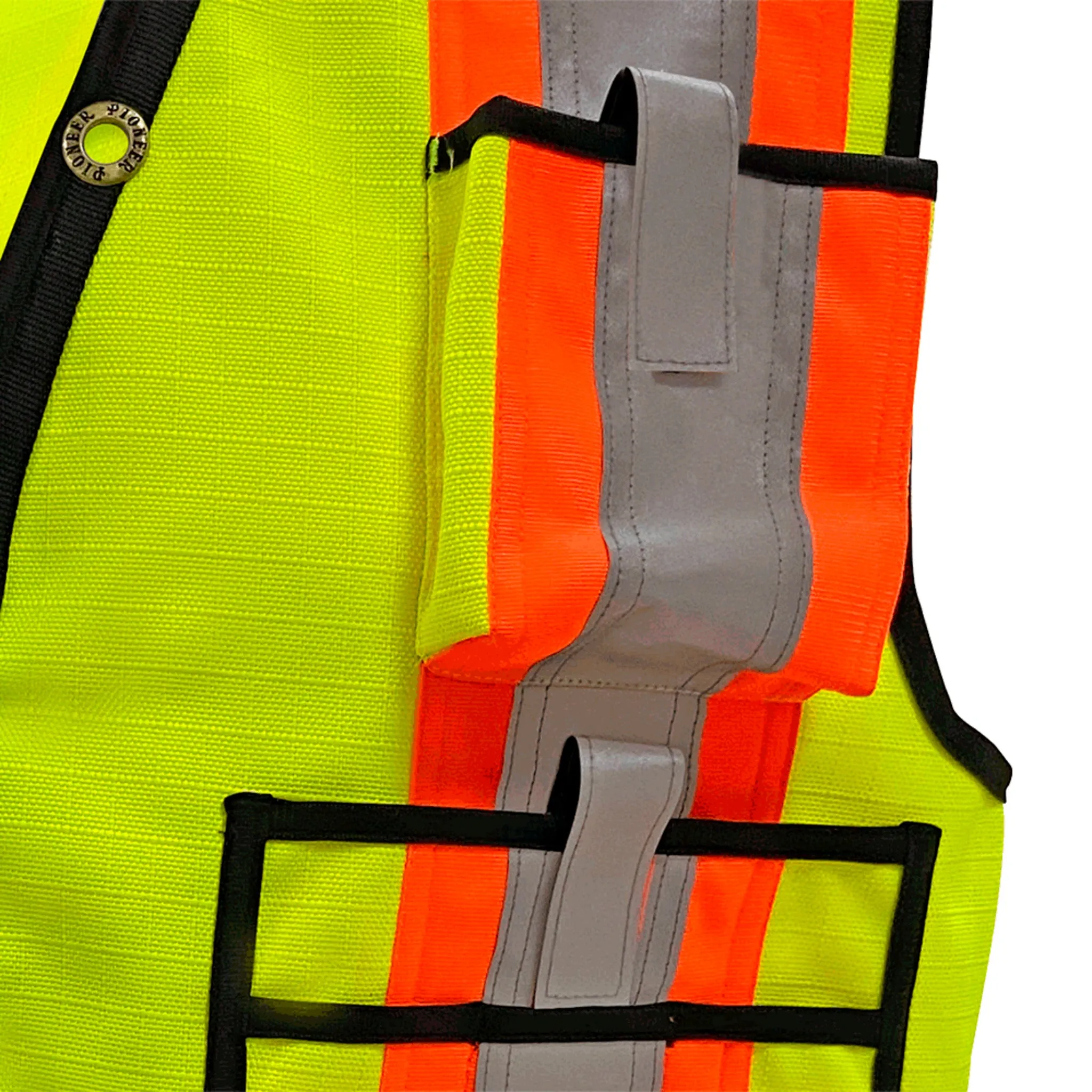 Pioneer Men's Hi Vis Surveyor's Vest, 1200D Oxford Polyester, CSA/ANSI Certified, Reflective Tape, Padded Collar, Multipurpose Pockets | Sizes S-5XL