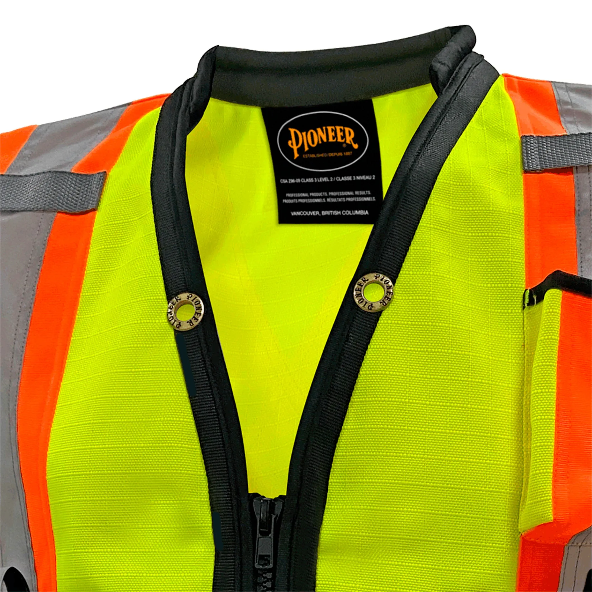 Pioneer Men's Hi Vis Surveyor's Vest, 1200D Oxford Polyester, CSA/ANSI Certified, Reflective Tape, Padded Collar, Multipurpose Pockets | Sizes S-5XL