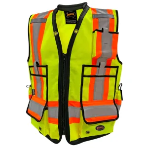 Pioneer Men's Hi Vis Surveyor's Vest, 1200D Oxford Polyester, CSA/ANSI Certified, Reflective Tape, Padded Collar, Multipurpose Pockets | Sizes S-5XL