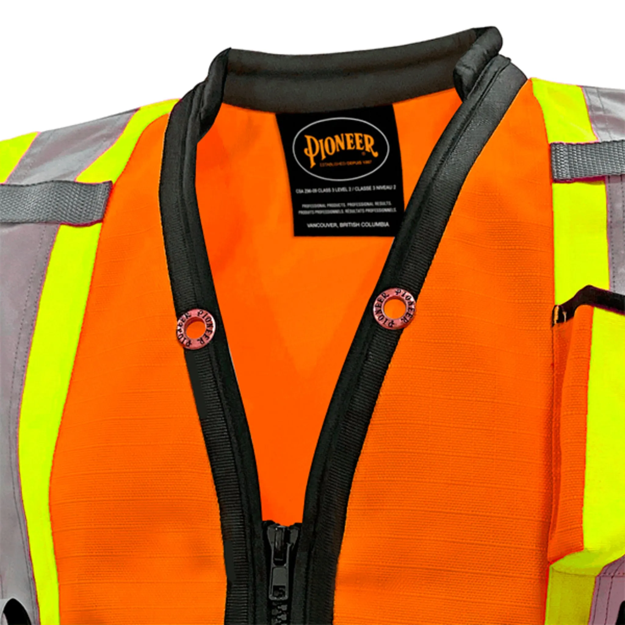 Pioneer Men's Hi Vis Surveyor's Vest, 1200D Oxford Polyester, CSA/ANSI Certified, Reflective Tape, Padded Collar, Multipurpose Pockets | Sizes S-5XL