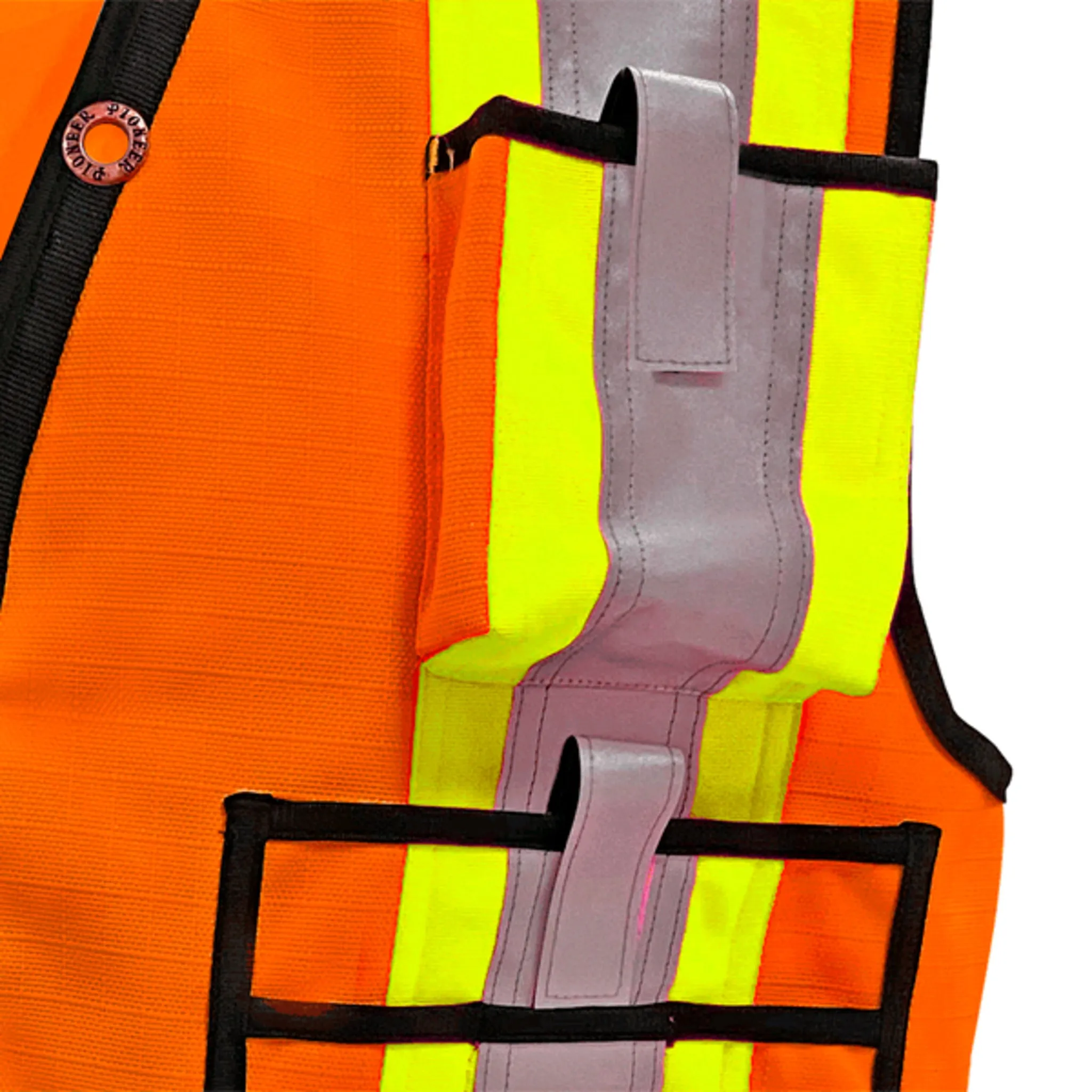 Pioneer Men's Hi Vis Surveyor's Vest, 1200D Oxford Polyester, CSA/ANSI Certified, Reflective Tape, Padded Collar, Multipurpose Pockets | Sizes S-5XL