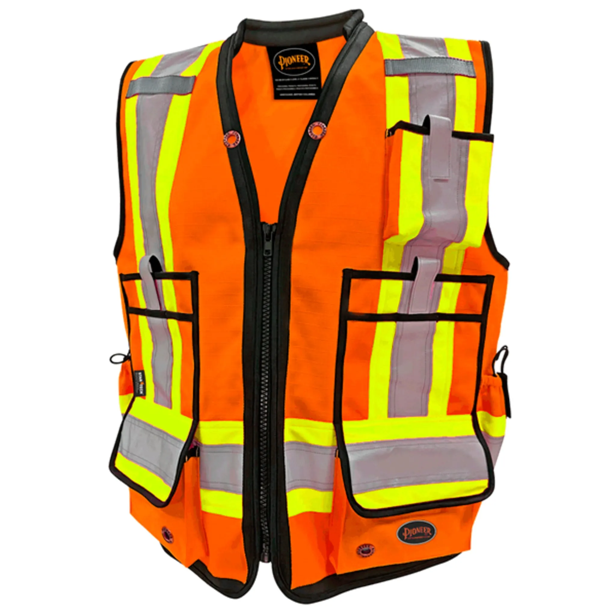 Pioneer Men's Hi Vis Surveyor's Vest, 1200D Oxford Polyester, CSA/ANSI Certified, Reflective Tape, Padded Collar, Multipurpose Pockets | Sizes S-5XL