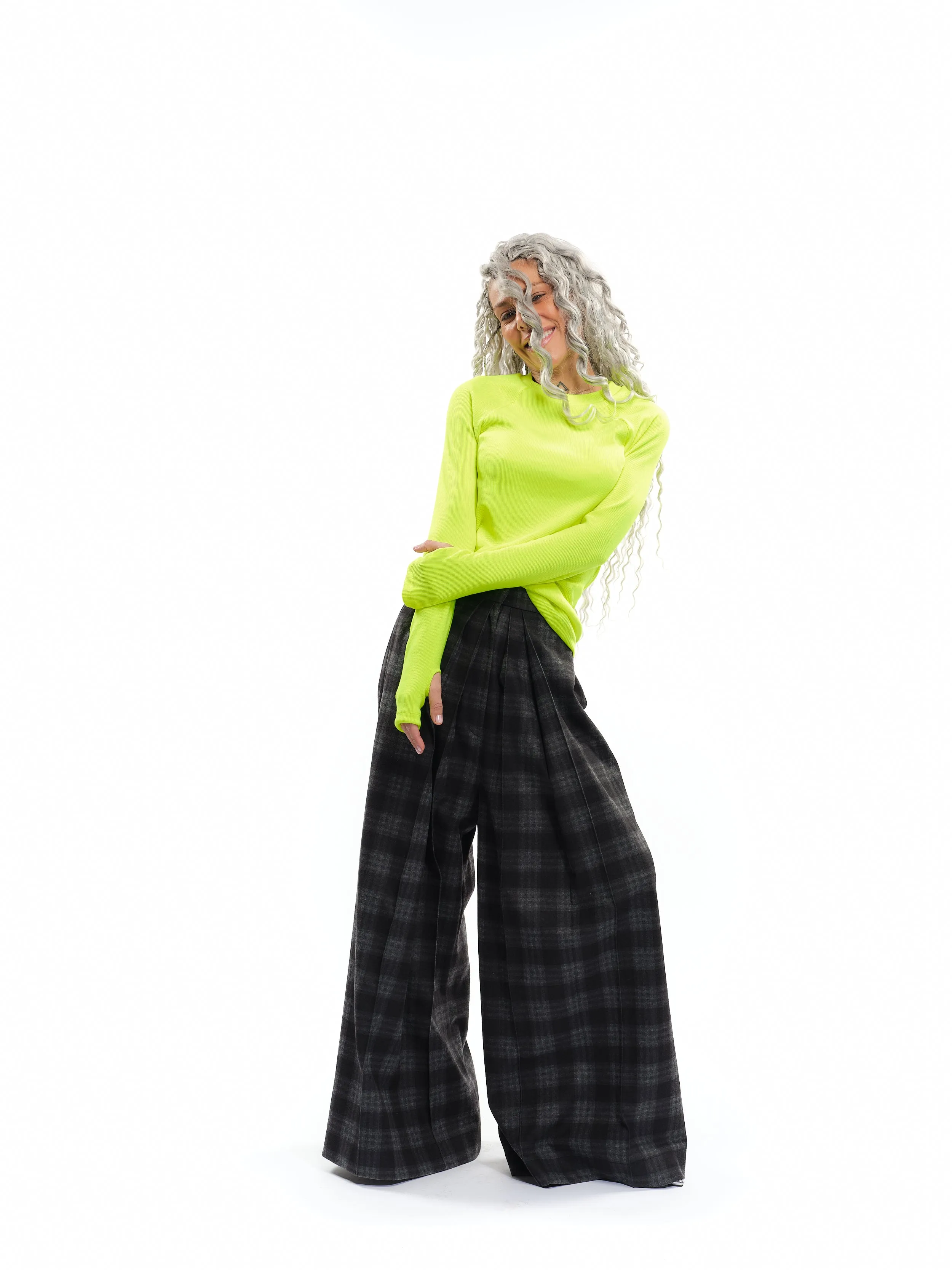 Plaid Wide-Leg Pants with Neon Piping