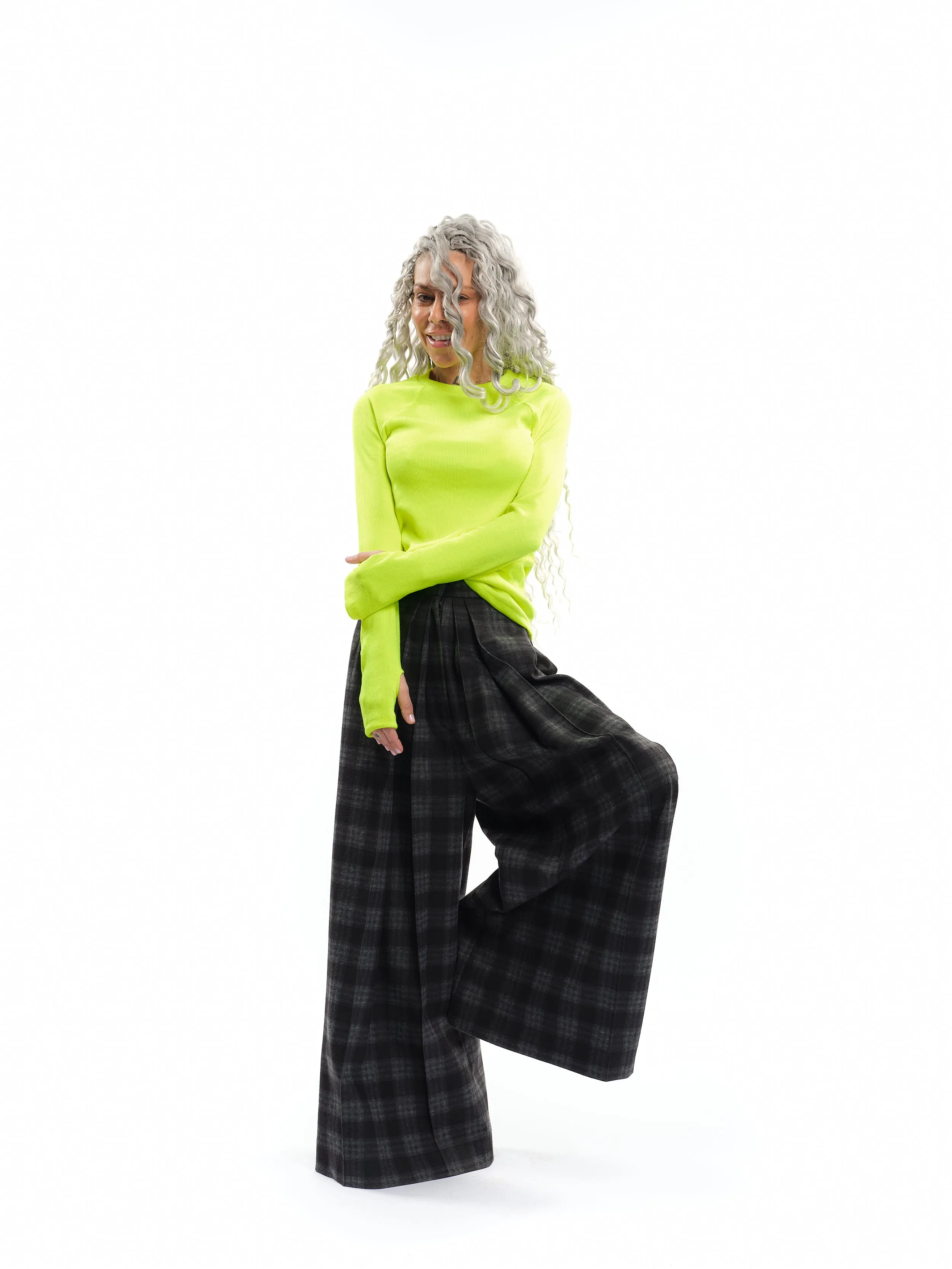 Plaid Wide-Leg Pants with Neon Piping