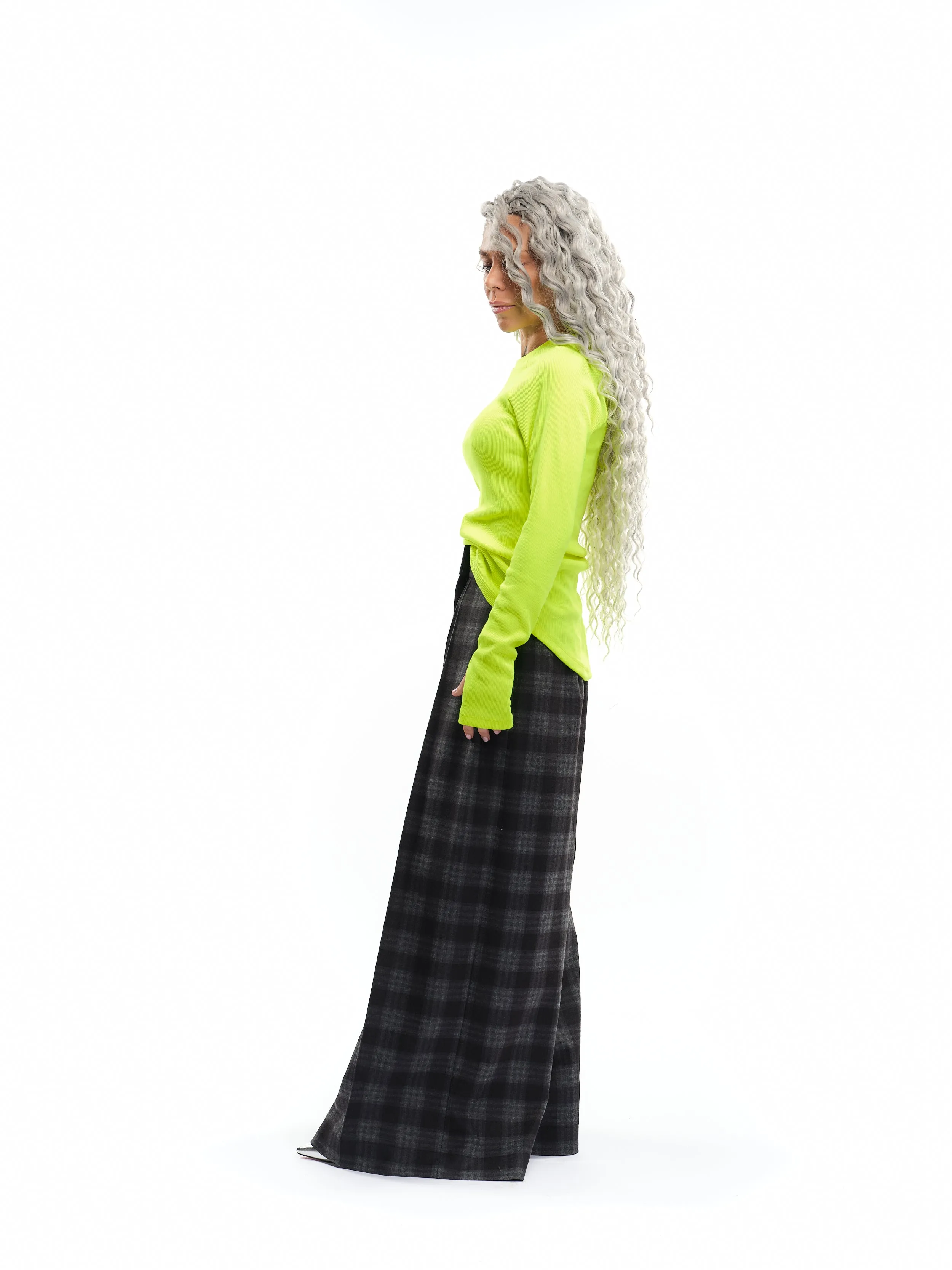 Plaid Wide-Leg Pants with Neon Piping