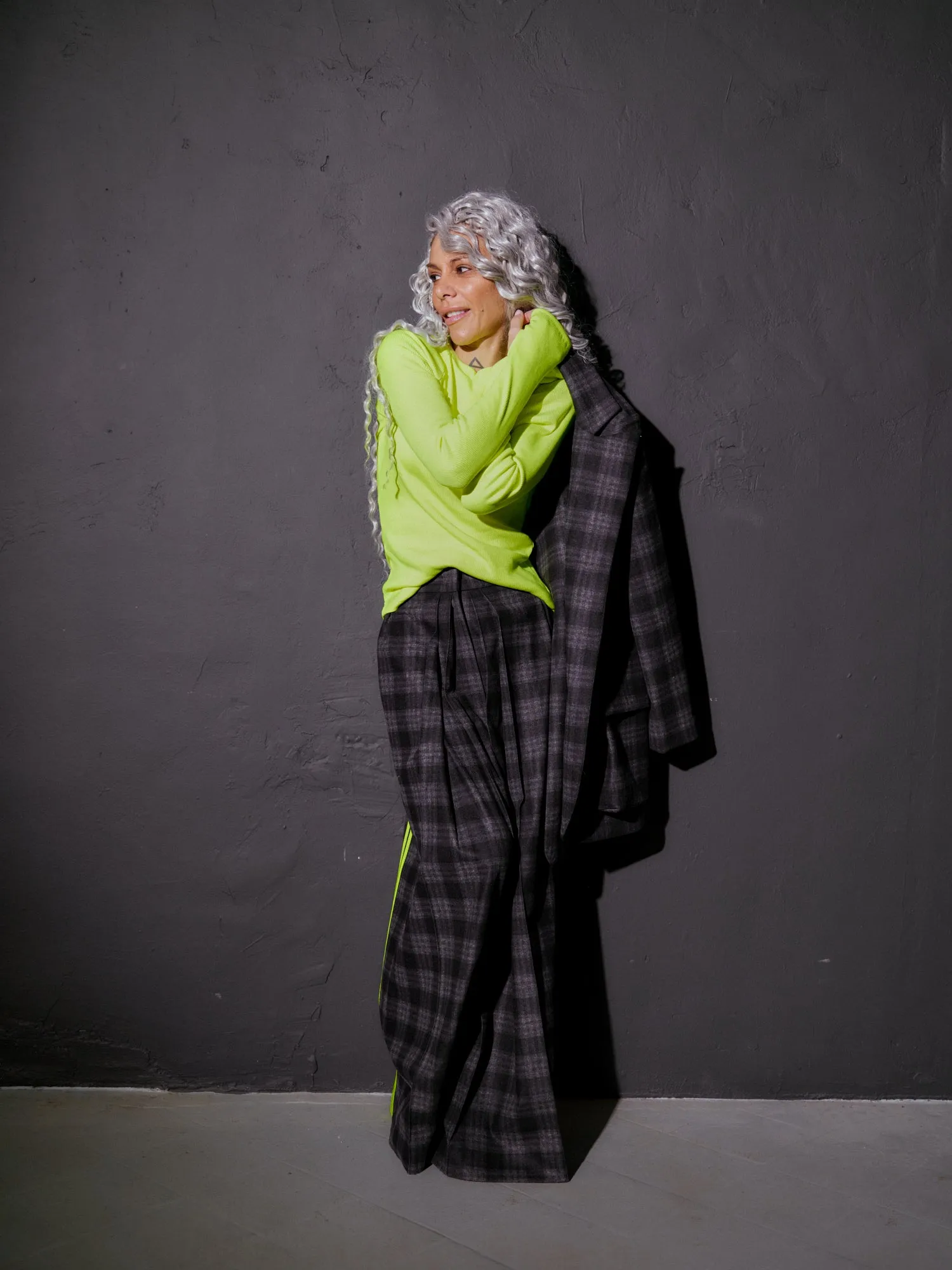 Plaid Wide-Leg Pants with Neon Piping