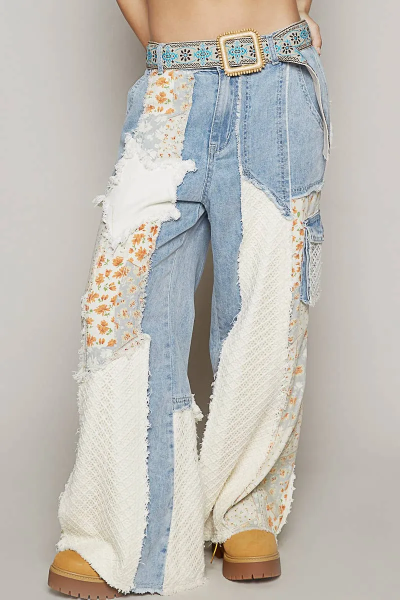 Printed Patchwork Star Detail Woven Twill Pants Jeans /Stuffology Boutique