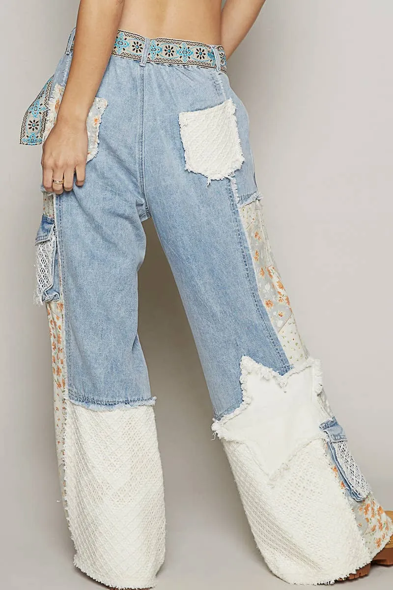 Printed Patchwork Star Detail Woven Twill Pants Jeans /Stuffology Boutique