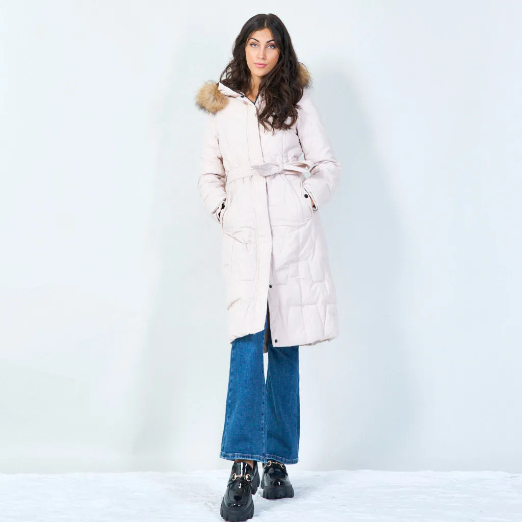 Quilted long parka with faux fur hood wholesale