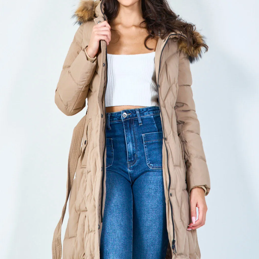 Quilted long parka with faux fur hood wholesale