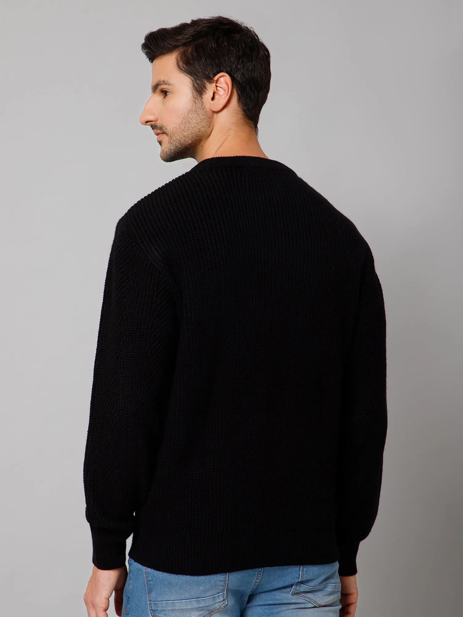 Self Design Black Full Sleeves Round Neck Regular Fit Casual Sweater for Men