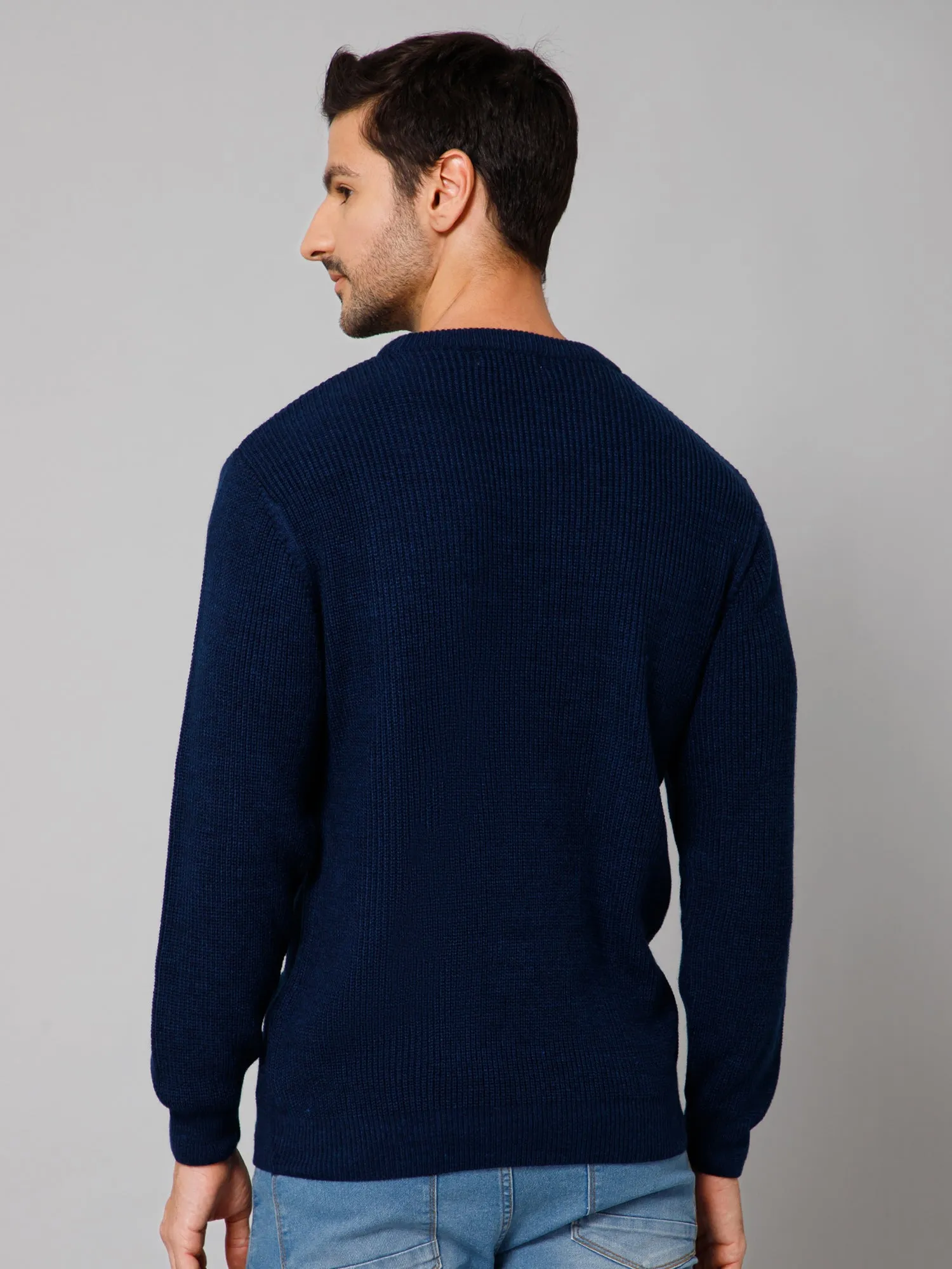 Self Design Blue Full Sleeves Round Neck Regular Fit Casual Sweater for Men