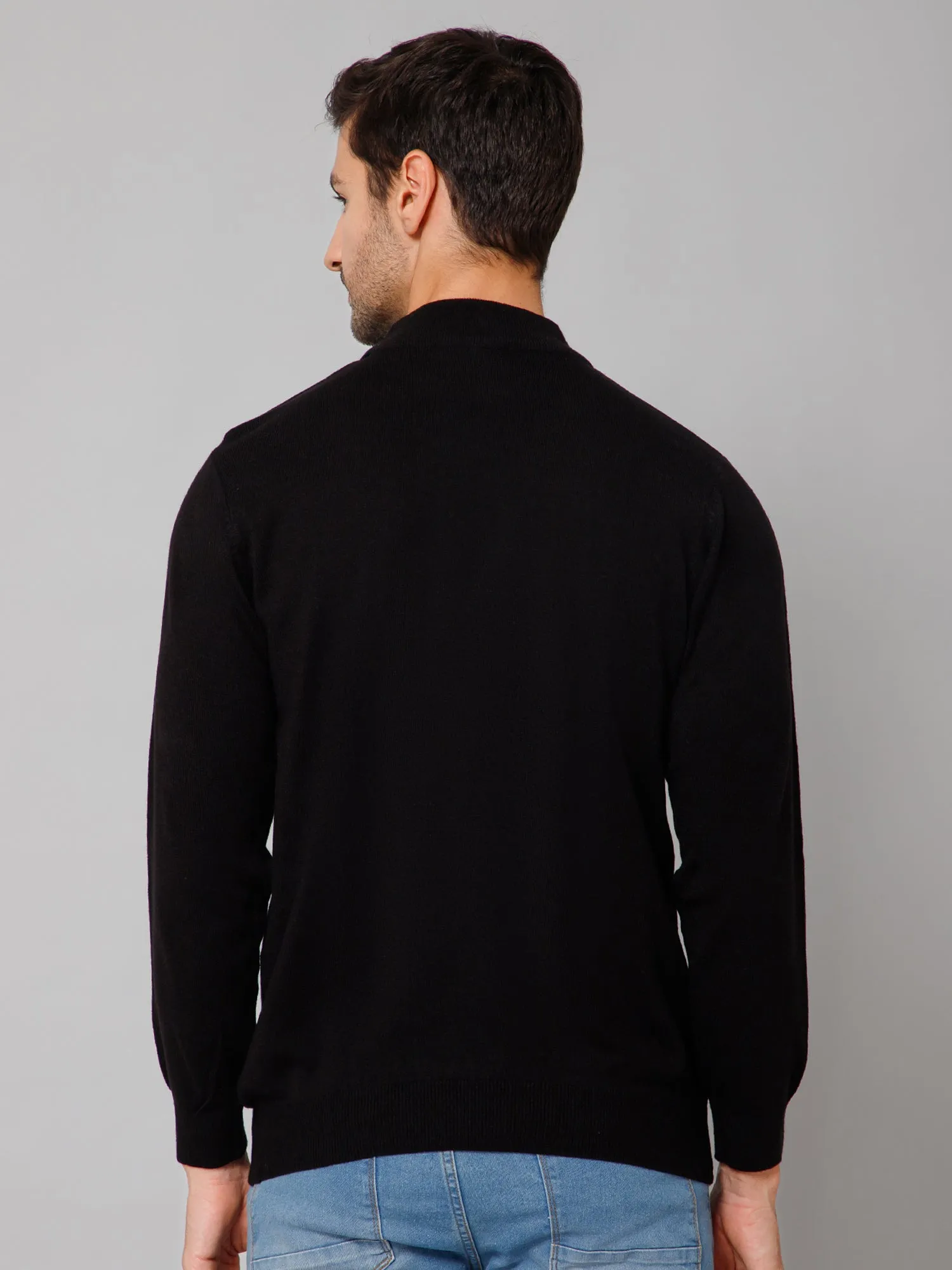 Solid Black Full Sleeves Round Neck Regular Fit Casual Sweater for Men