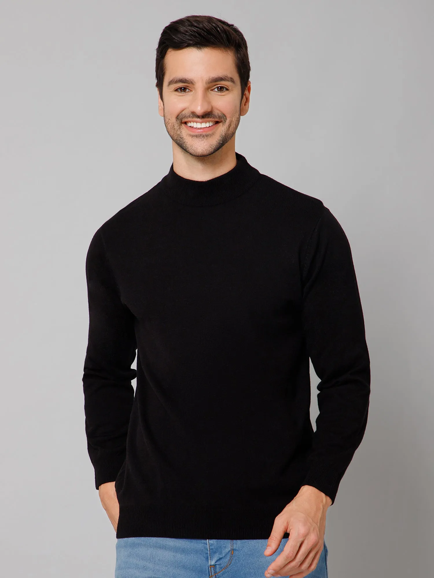 Solid Black Full Sleeves Round Neck Regular Fit Casual Sweater for Men