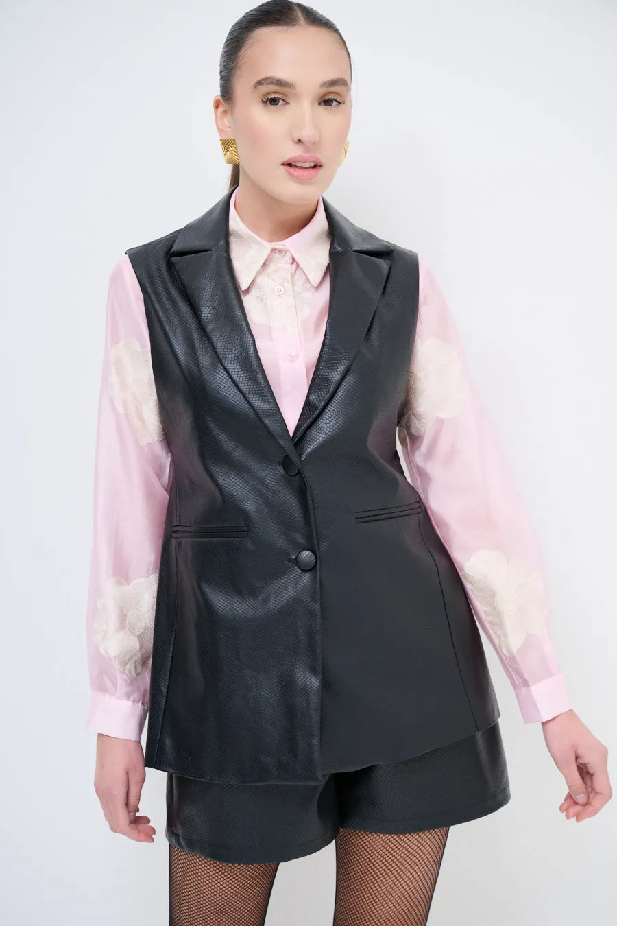 Tailored faux leather vest with lapel collar wholesale