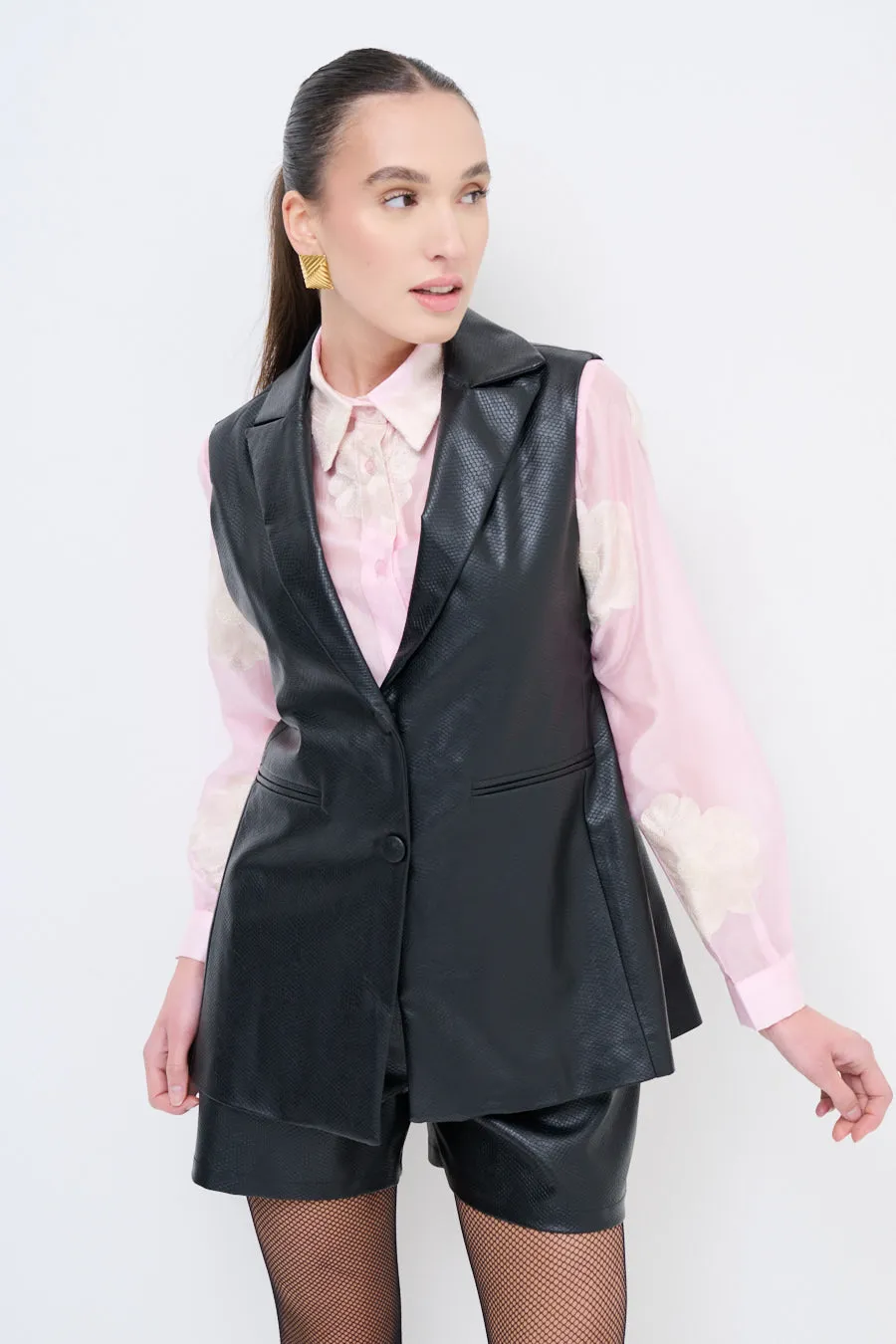 Tailored faux leather vest with lapel collar wholesale