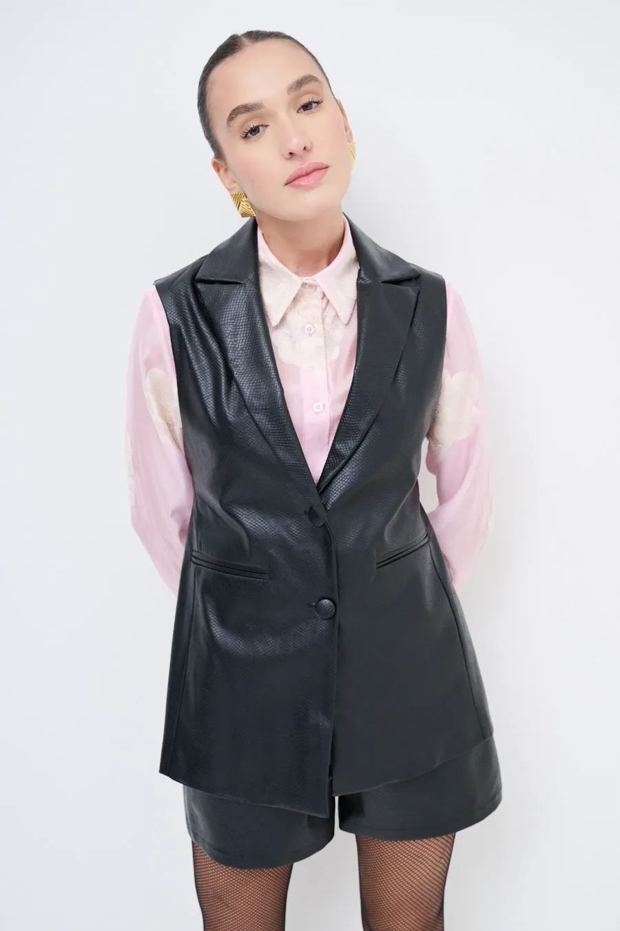 Tailored faux leather vest with lapel collar wholesale