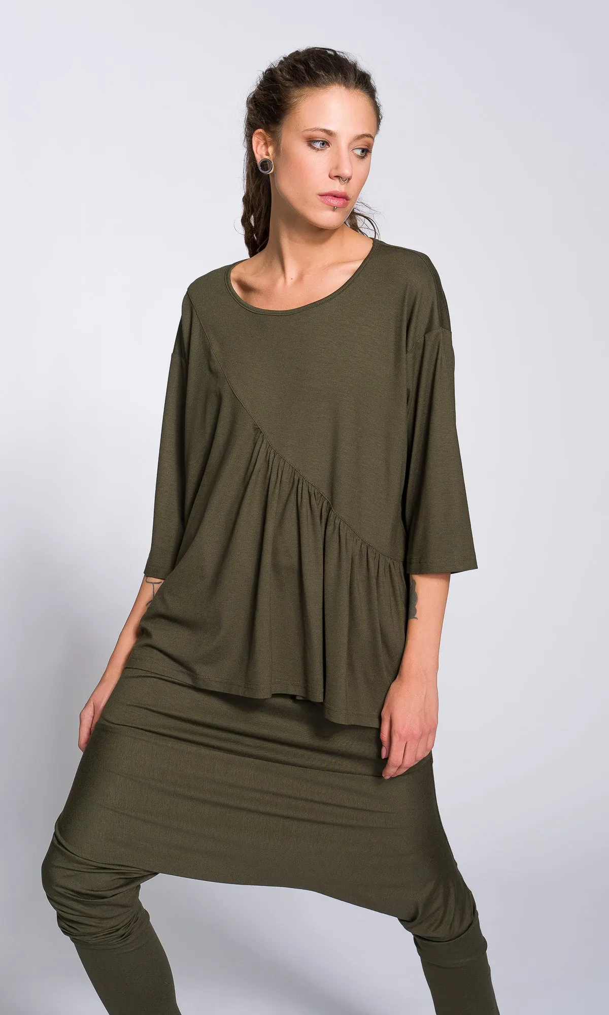 Two-piece Set of Blouse with Front Gathering and Loose Drop Crotch Pants