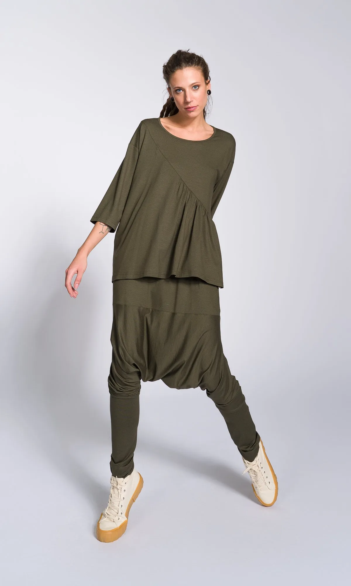 Two-piece Set of Blouse with Front Gathering and Loose Drop Crotch Pants