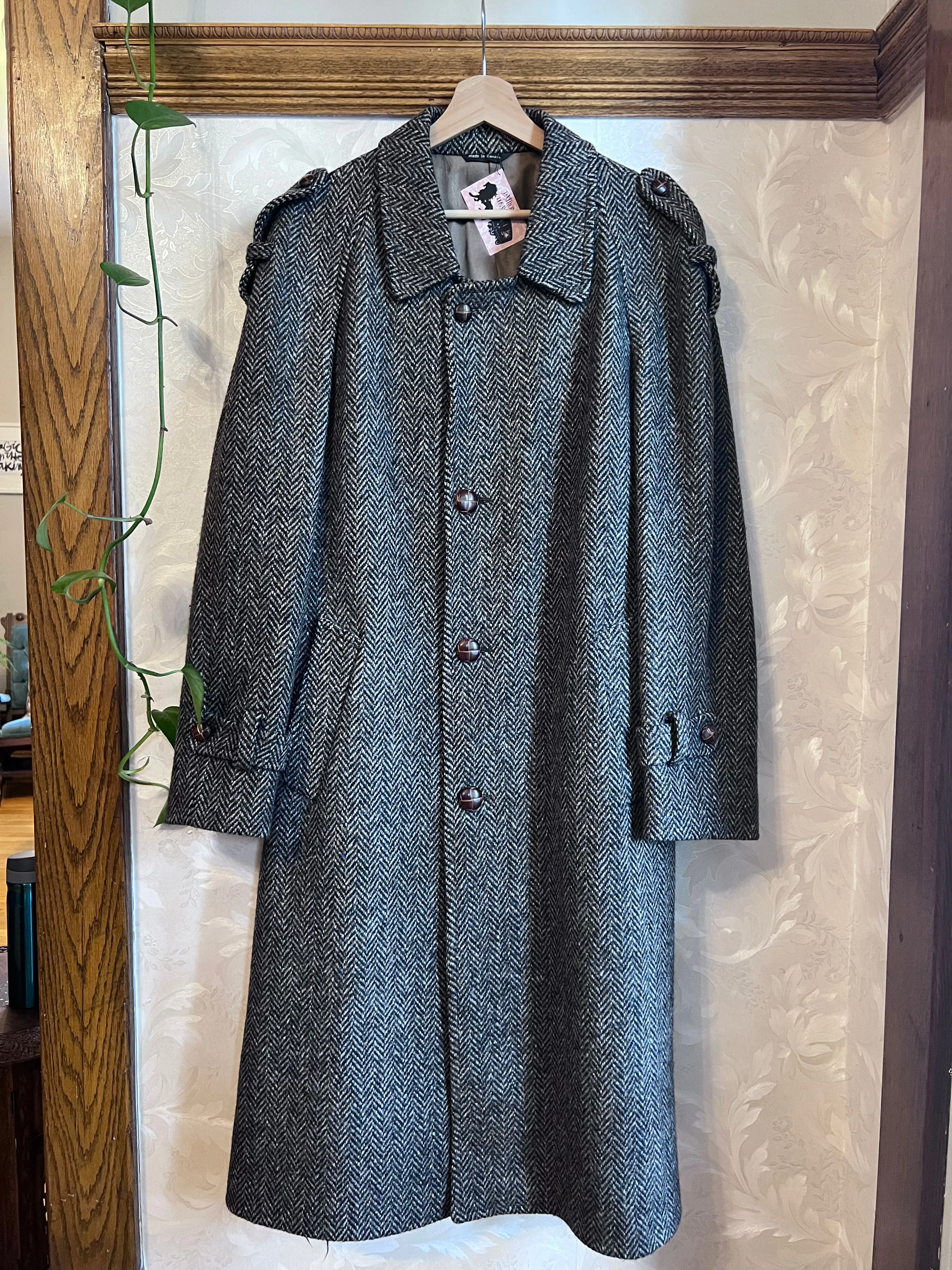 Vintage 80's Wool Herringbone Tweed Trench Overcoat ("Men's" XL)