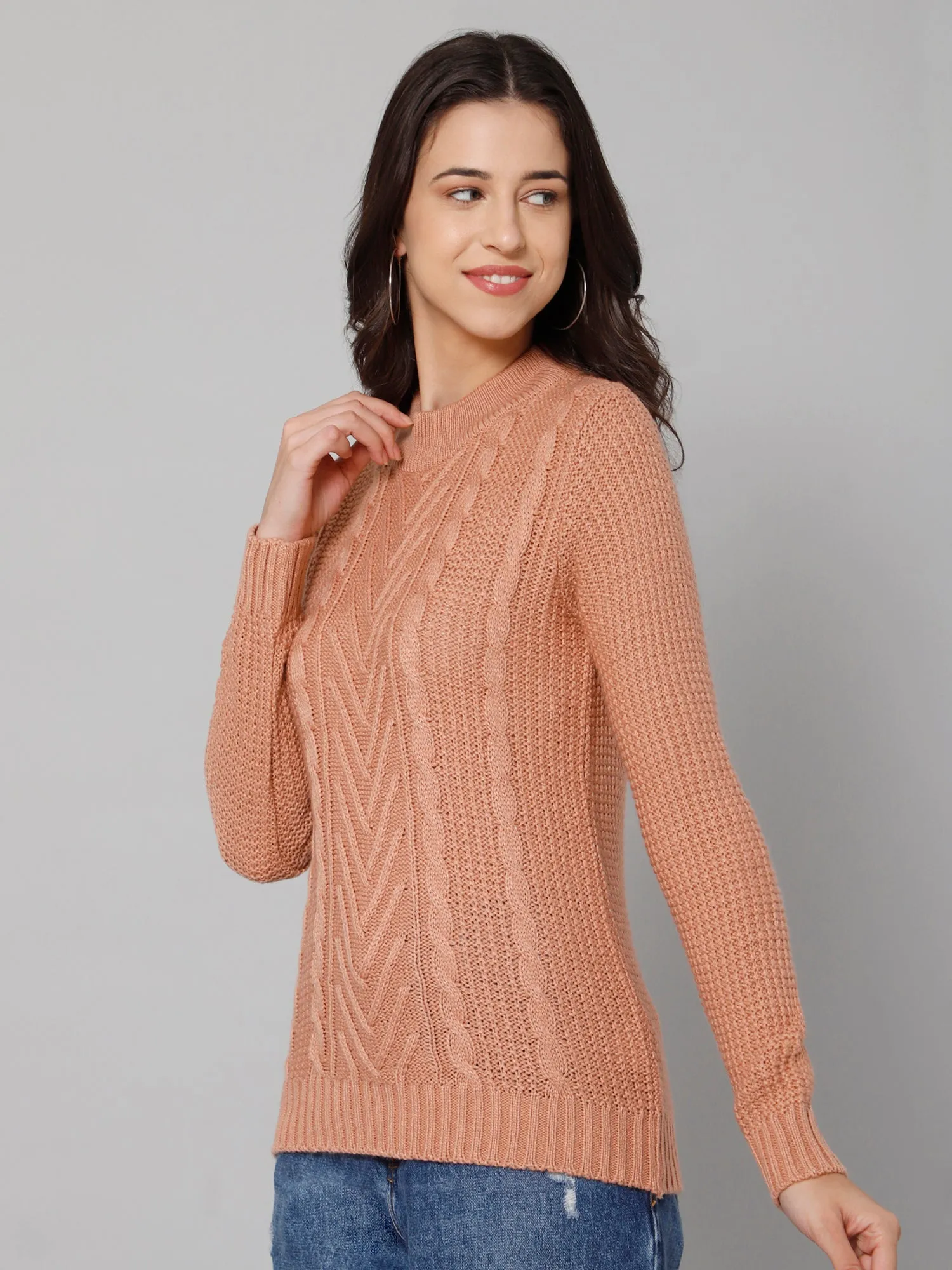 Women's Casual  Peach Round neck Pullover Sweater