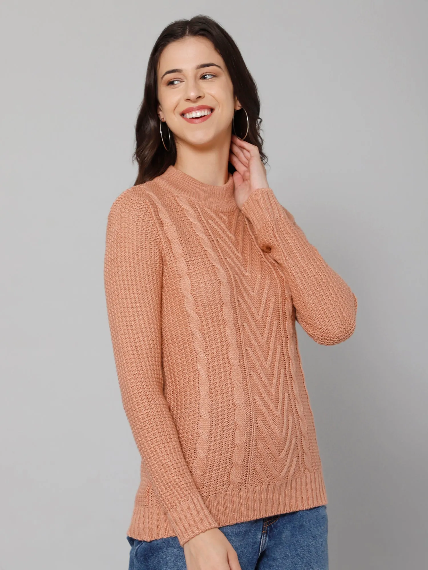 Women's Casual  Peach Round neck Pullover Sweater