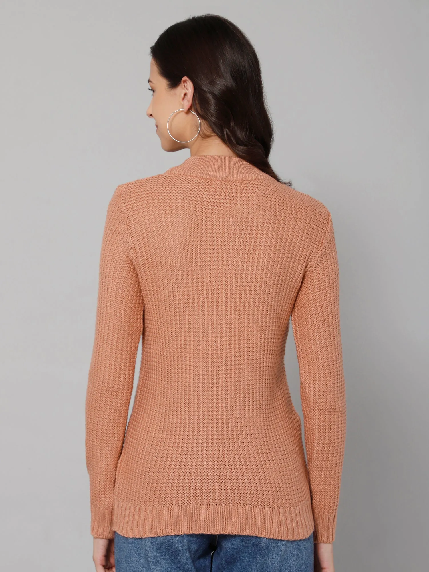 Women's Casual  Peach Round neck Pullover Sweater